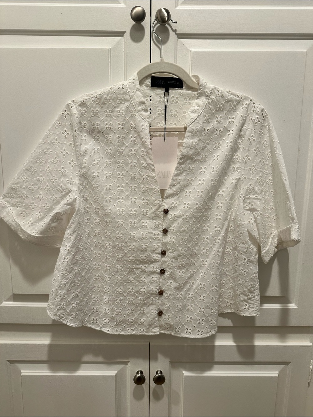 Zara White Eyelet Button-Front Cotton Top